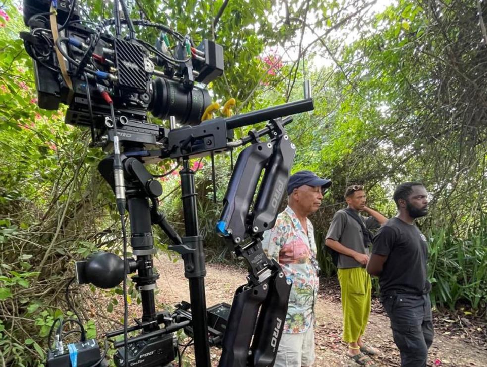 Production camera rig and crew filming on location in Belize